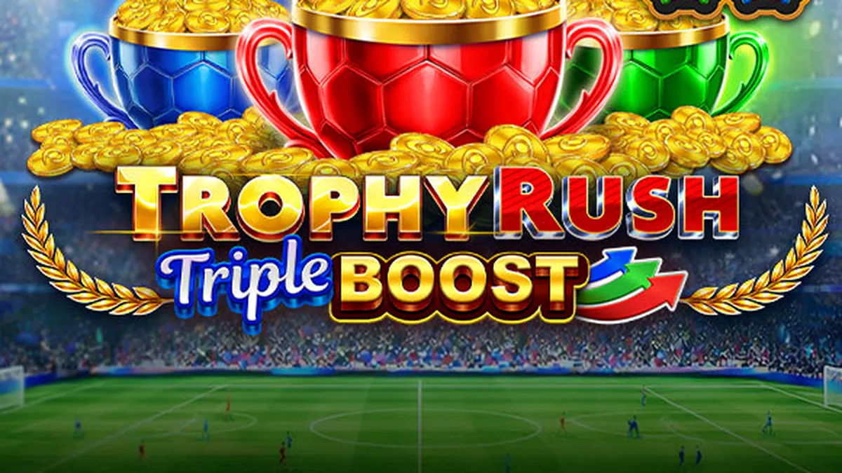 Trophy Rush Triple Boost slot game interface featuring golden coins and stadium theme